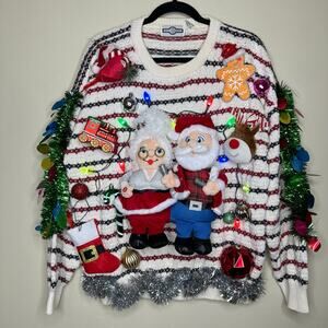 Ugly Christmas Sweater Singing Santa LIGHTS UP Tinsel Xmas Party Winner Size XL